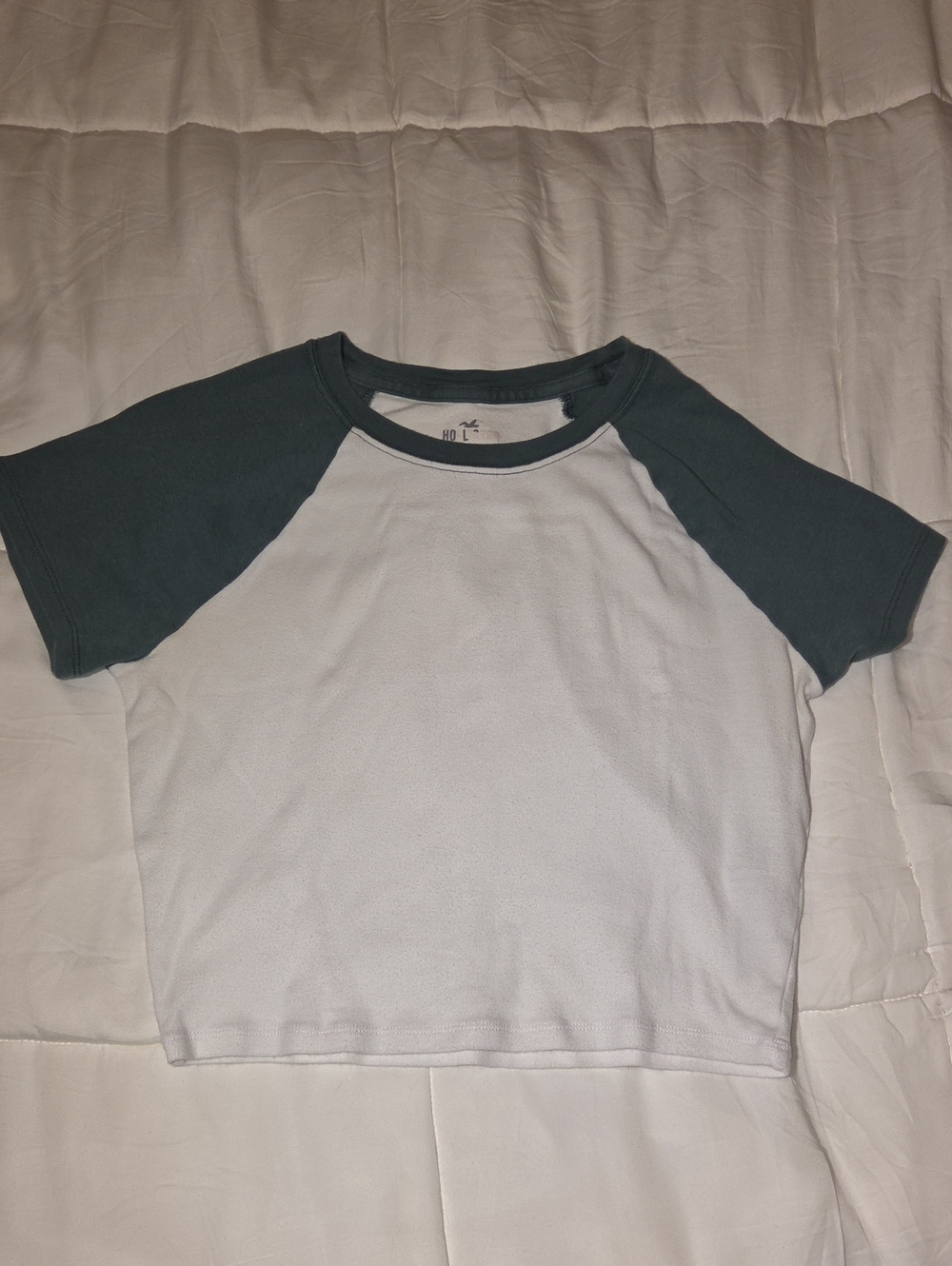 Hollister White Tee with Dark Teal Raglan Sleeves